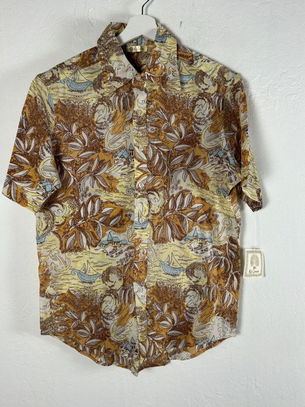 Kit Cornell Mens Yellow Scenic Print Aloha Hawaiian Button-Up Shirt Medium New